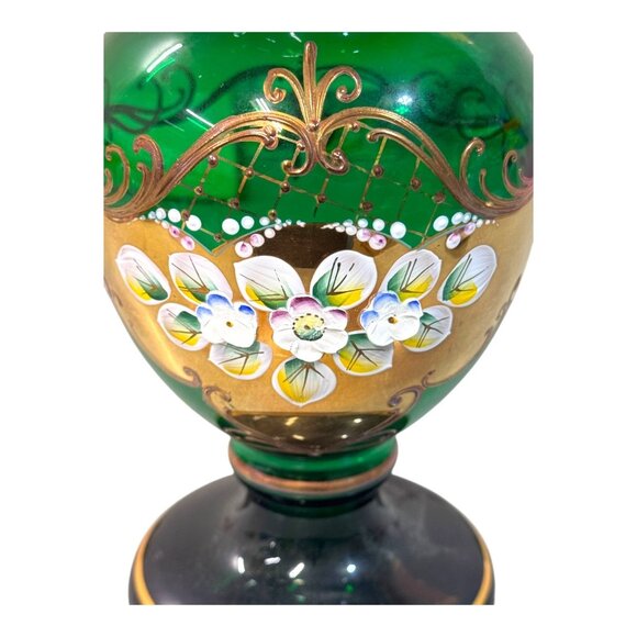 Vtg Bohemian Art Glass Vase Emerald Green Heavy Gold Gilt Raised Flower Painting - Picture 2 of 8